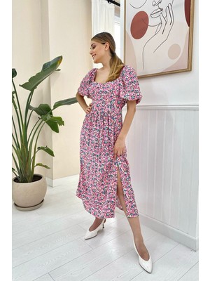 Elbee Fashion Woman Çiçek Desenli Elbise - Pembe