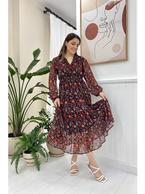 Elbee Fashion Woman Desenli Şifon Elbise - Kırmızı