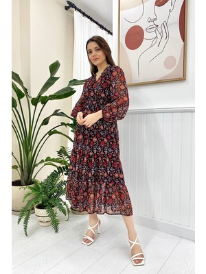 Elbee Fashion Woman Desenli Şifon Elbise - Kırmızı