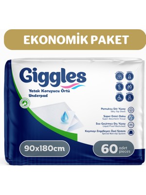 Giggles 90x180 cm Yatak Koruyucu Örtü 30'lu 2 Paket 60 Adet Pamuksu Üst Yüzey ile Süper Emici Doku