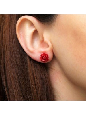 Gumush ​Gümüş Kırmızı Gül Küpe