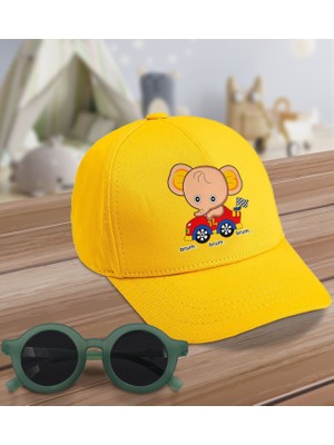 BK Kids Yarışçı Fil Tasarımlı Sarı Cotton Çocuk Şapkası ve Yeşil Çocuk Güneş Gözlüğü Hediye Seti