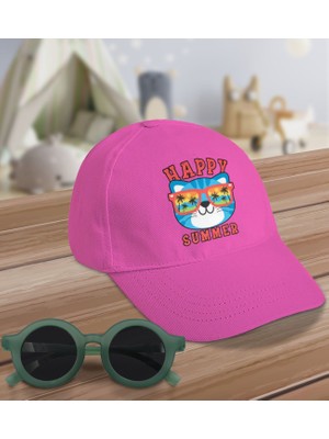 BK Kids Happy Summer Tasarımlı Pembe Cotton Çocuk Şapkası ve Yeşil Çocuk Güneş Gözlüğü Hediye Seti