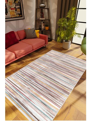 10 Post Online Salon Halısı Eskitme Çizgili Gri Kaydırmaz Kesme Yıkanabilir Ince Halı Tüysüz Kilim