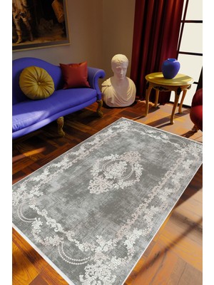 10 Post Online Salon Halısı Klasik Eskitme Gümüş Gri Kaydırmaz Kesme Yıkanabilir Ince Halı Tüysüz Kilim