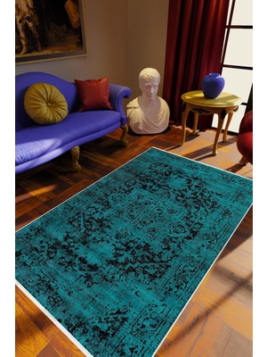 10 Post Online Salon Halısı Klasik Eskitme Turkuaz Sax Mavi Kaydırmaz Kesme Yıkanabilir Ince Halı Tüysüz Kilim