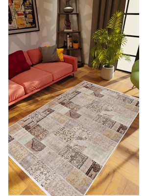 10 Post Online Salon Halısı Modern Patchwork Bej Kahverengi Krem Kaydırmaz Kesme Yıkanabilir Ince Halı Tüysüz Kilim
