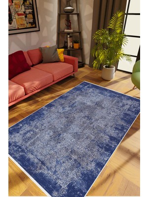 10 Post Online Salon Halısı Doku Eskitme Lacivert Gri Kaydırmaz Kesme Yıkanabilir Ince Halı Tüysüz Kilim