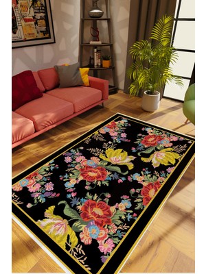 10 Post Online Salon Halısı Figürlü Çiçekli Siyah Kırmızı Sarı Kaydırmaz Kesme Yıkanabilir Ince Halı Tüysüz Kilim