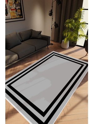 10 Post Online Salon Halısı Modern Çizgili Gri Siyah Kaydırmaz Kesme Yıkanabilir Ince Halı Tüysüz Kilim