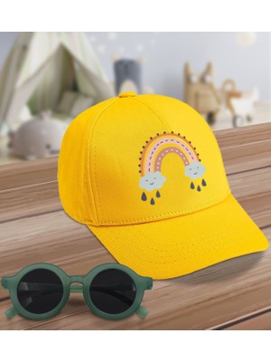 BK Kids Boho Tasarımlı Sarı Cotton Çocuk Şapkası ve Yeşil Çocuk Güneş Gözlüğü Hediye Seti