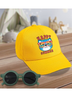 BK Kids Happy Summer Tasarımlı Sarı Cotton Çocuk Şapkası ve Yeşil Çocuk Güneş Gözlüğü Hediye Seti