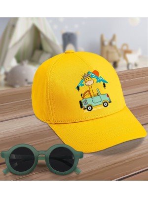 BK Kids Sevimli Zürafa Tasarımlı Sarı Cotton Çocuk Şapkası ve Yeşil Çocuk Güneş Gözlüğü Hediye Seti-2