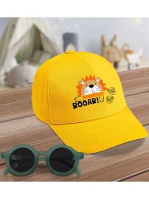 BK Kids Roar Tasarımlı Sarı Cotton Çocuk Şapkası ve Yeşil Çocuk Güneş Gözlüğü Hediye Seti