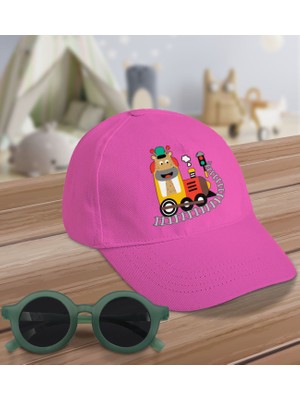 BK Kids Sevimli Zürafa Tasarımlı Pembe Cotton Çocuk Şapkası ve Yeşil Çocuk Güneş Gözlüğü Hediye Seti