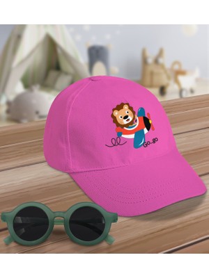 BK Kids Sevimli Pilot Tasarımlı Pembe Cotton Çocuk Şapkası ve Yeşil Çocuk Güneş Gözlüğü Hediye Seti