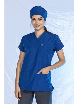 Pratik Medikal Likralı Yarasa Kol Hemşire Forması Tek Üst Saks Mavi