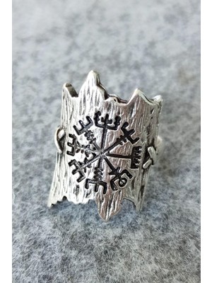 Viking Pusulası Şekilli Antik Gümüş Kaplama El Yapımı Ayarlanabilir Unisex Yüzük