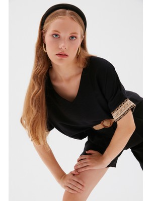 Sateen Hasır Detaylı Keten Bluz - Siyah