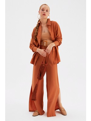 Sateen Yırtmaçlı Keten Pantolon - Taba