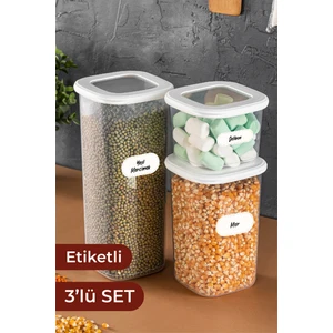 Etiketli Foly Kare Erzak Saklama Kabı 3'lü Set 1x(0,55 Litre, 1,2 Litre, 1,75 Litre) Beyaz