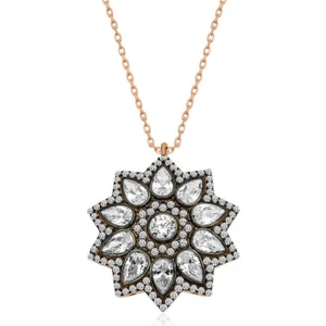 Çiçek Desenli Elmas Montür 925 Ayar Gümüş Kolye