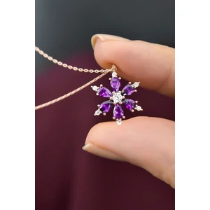 925 Ayar Gümüş Zincirli Mor Ametist Taşlı Rose Kaplama Kamelya Çiçeği Kolye Orijinal Ahşap Kutulu