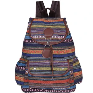 Kadın Çanta Etnik Şerit Kanvas Sırt Çantası Büyük Kapasiteli Retro Çanta (Yurt Dışından)