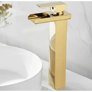 Mat Gold Kare Çanak Lavabo Bataryası Şelale Model Uzun Yüksek Altın Lavabo Musluğu Çift Girişli Armatür