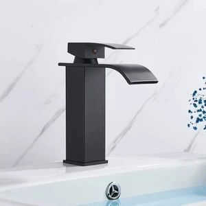 Siyah Kare Lavabo Bataryası Oval Çıkış Şelale Model Yüksek Kalite Lavabo Musluğu Çiftgirişli Armatür