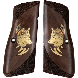Browning Hp Akrilik Sarı Metal Kurt Çift Motif Ceviz Ahşap Tabanca Kabzesi