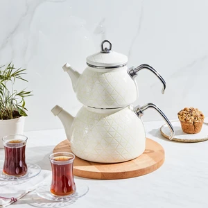Kristal Krem Emaye Midi Çaydanlık Takımı