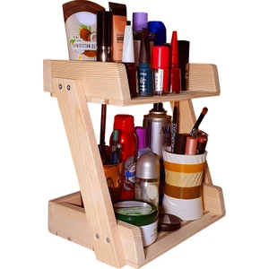 Barış Dizayn Doğal Ahşap Makyaj Organizer Malzeme Standı 2 Katlı Makyaj Rafı