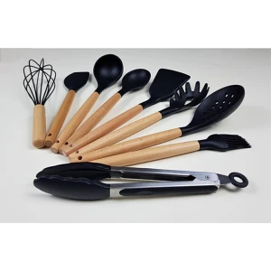 9 Parça Bambu Saplı Silikon Kepçe Spatula Mutfak Seti Siyah