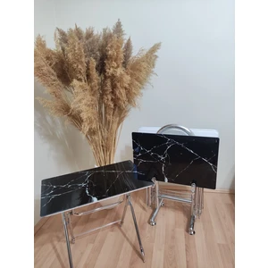 Çanta Zigon Sehpa 4 Lü Cam Siyah Mermer Desen Çanta Zigon Sehpa