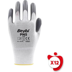 Pn5 Beyaz-Gri Polyester Örme Nitril Iş Eldiveni 10 Beden 12 Çift
