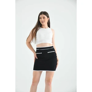 Siyah Beyaz Şeritli Örme Mini Etek