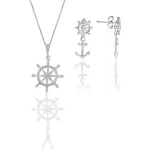Söğütlü Silver Gümüş Rodyumlu Denizci Dümeni Kolye ve Küpe Ikili Set
