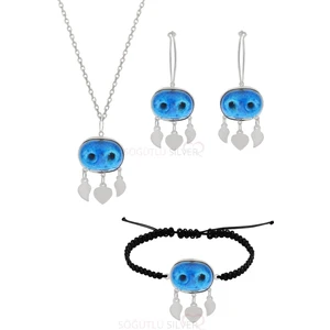 Söğütlü Silver Gümüş Süryani Nazar Boncuğu Kolye Küpe ve Bileklik Üçlü Set