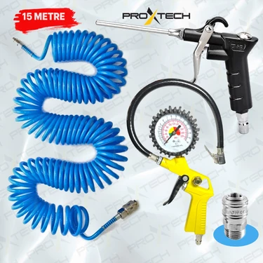 Proxtech  Kompresör Lastik Şişirme, spiral Hava Hortumu 15 Mt Hava Jakı  hava Tabancası Recor