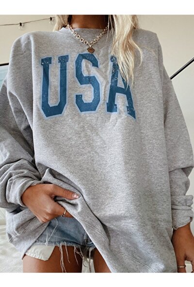 Laluvia Kadın Gri Usa Baskılı Oversize Sweatshirt