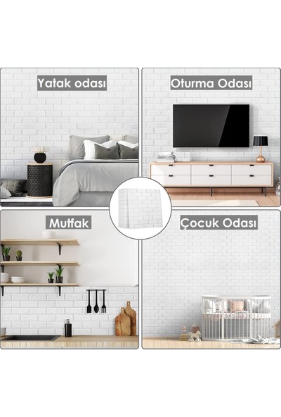 Renkli Duvarlar Kendinden Yapışkanlı Sünger Beyaz Tuğla Duvar Paneli 70x77 cm 6 Adet