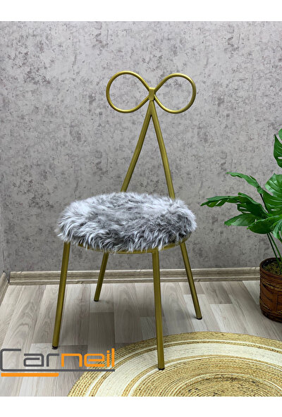 Shelay Design Fiyonk 1 Adet Dekoratif Makyaj Sandalyesi Gold-Antrasit Gri Peluş