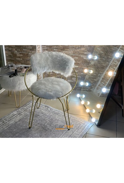 Shelay Design 1ADET 45 cm Leno Metal Gold Ayaklı Beyaz Peluş Sandalye, Makyaj Sandalyesi