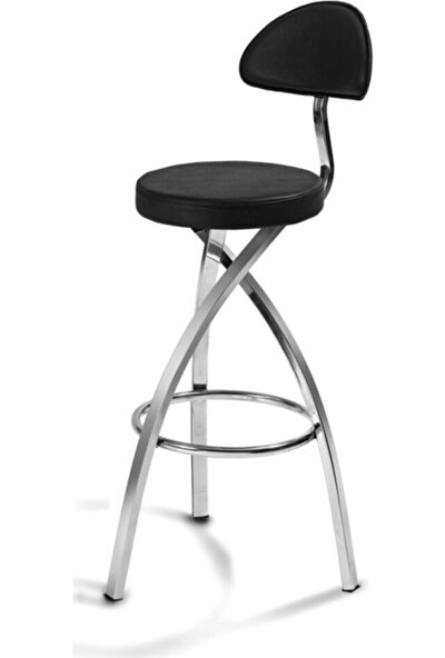 Shelay Design 1 Adet 75 cm Siyah Deri Lodos Metal Krom Ayaklı Bar Sandalyesi, Krom Metal Bar Taburesi