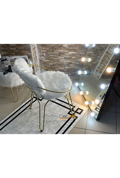 Shelay Design X4 Adet 45 cm Leno Metal Gold Beyaz Peluş Sandalye, Makyaj Sandalyesi