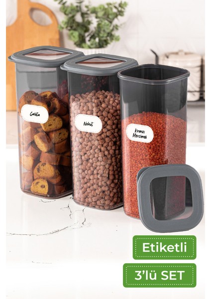 Etiketli Foly Poli Kare Erzak Saklama Kabı 3'lü Set Büyük Boy 1,75 Litre Antrasit