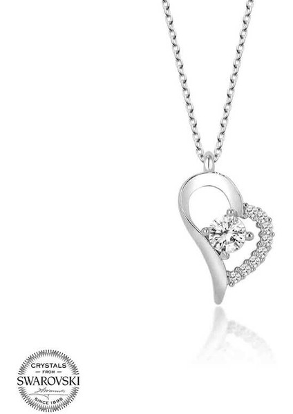 Swarovski Taşlı Gümüş Kalp Tektaş Bayan Kolye