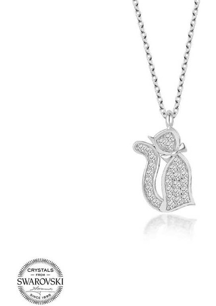 Swarovski Taşlı Gümüş Kedi Bayan Kolye