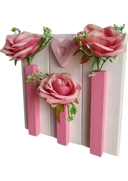 Ahşap Pembe Beyaz Kalpli Duvar Çiçekliği Pembe Gül Yapay Çiçek 25 x 25 cm